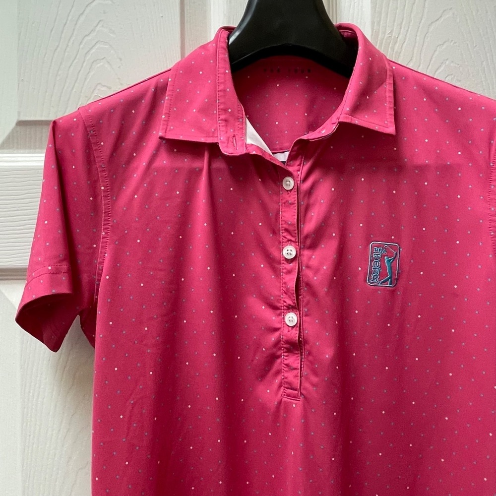 PGA Tour Women's Medium Pink Polka Dot Golf Polo Embroidered Logo